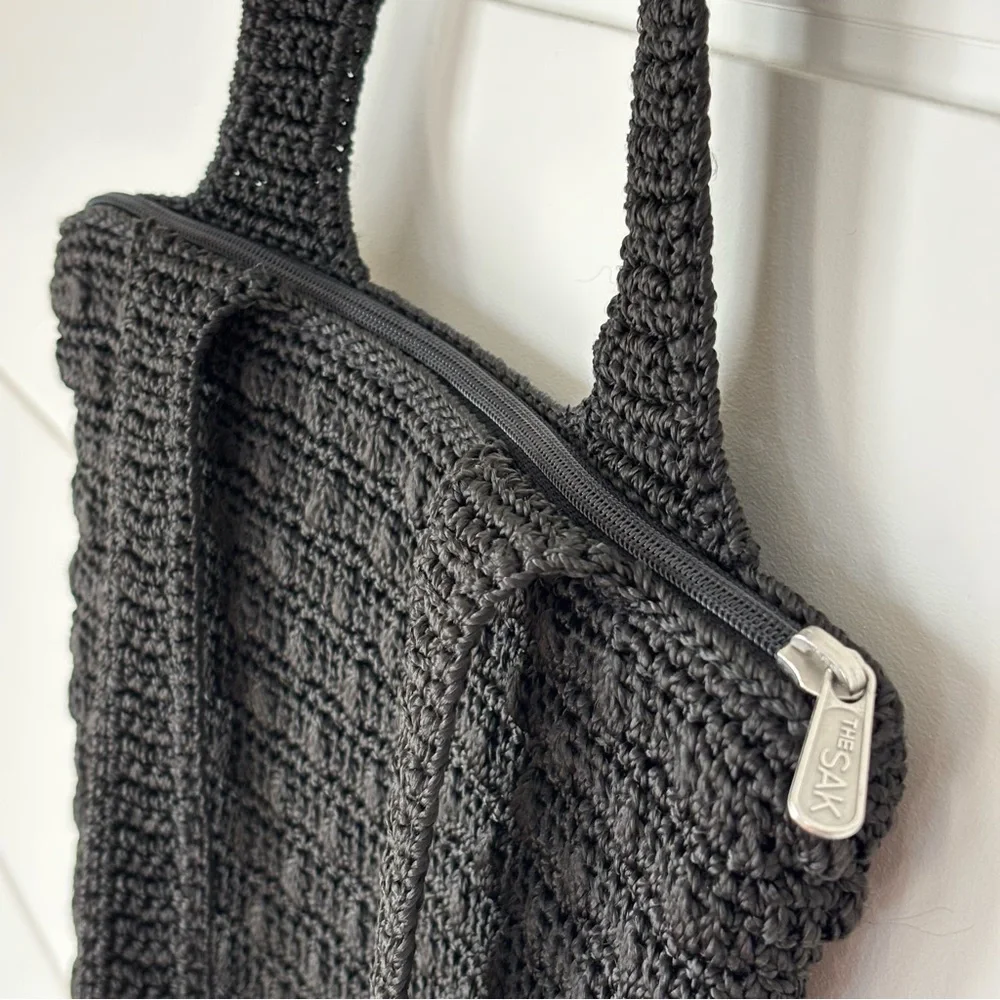 The Sak Black Crochet Knit Handbag Satchel Tote Bag